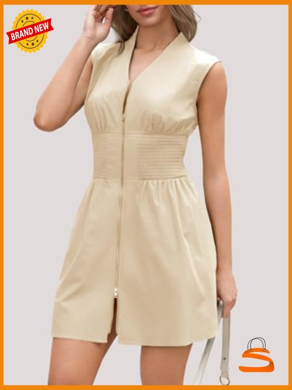 Sleeveless Zip Front A-Line Mini Dress with Pockets Summer Tank - Picture 5 of 5